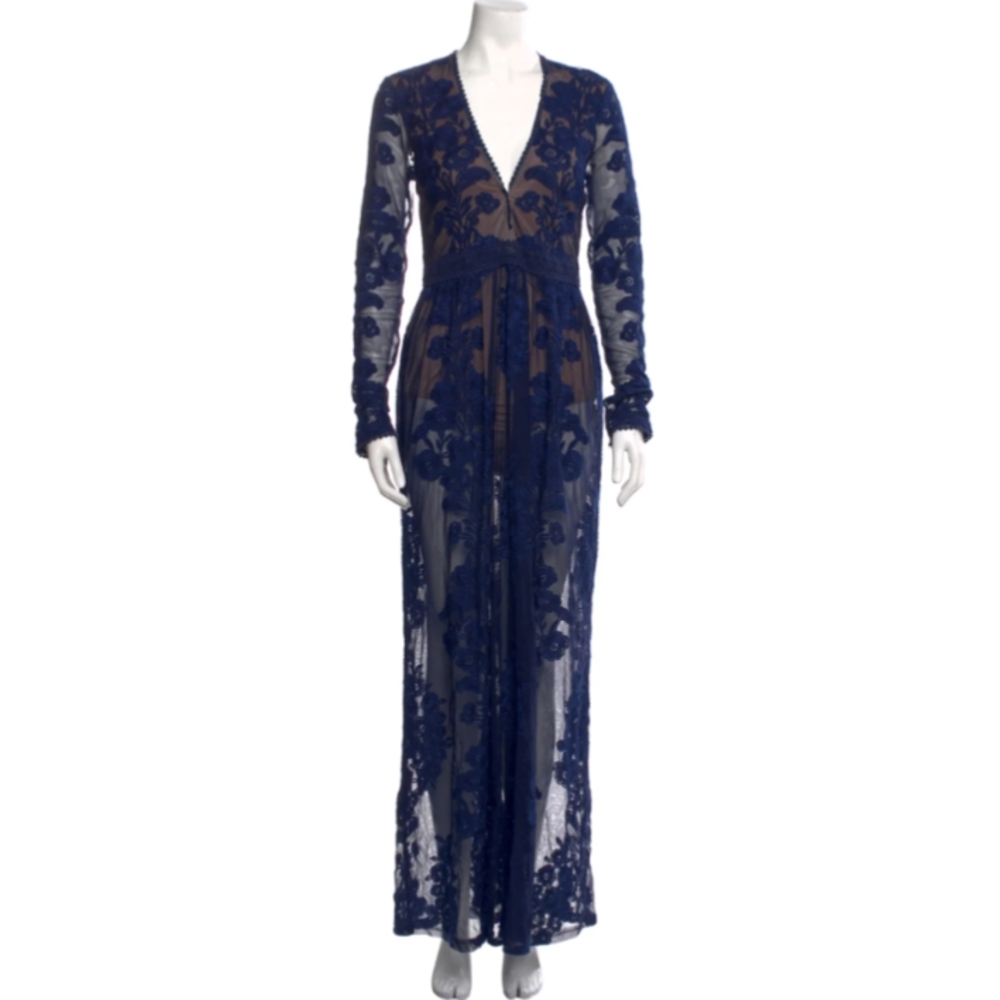 For Love And Lemons Deep Blue Floral Lace Gown